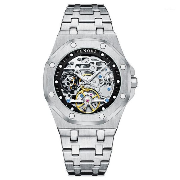 

sports automatic watch men's skeleton mechanical waterproof openwork sapphire crystal wrist watches for meni wristwatches, Slivery;brown