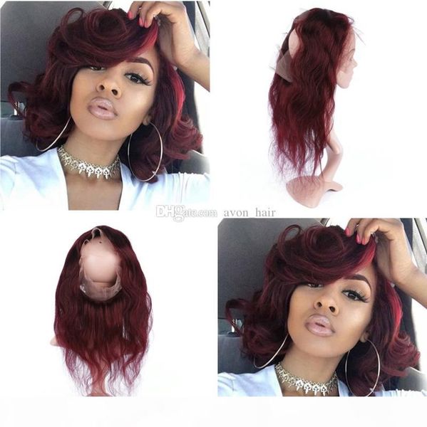 

burgundy human hair pre plucked 360 frontal with baby hair wine red 99j body wave 360 lace band frontal closure 22.5x4x2, Black;brown