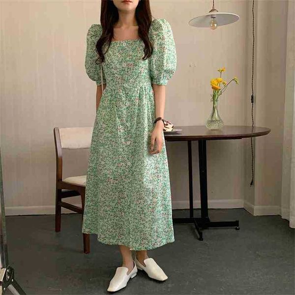 

printing slim party casual square collar princess all match loose-fitting femme florals chic dress vestidos 210525, Black;gray