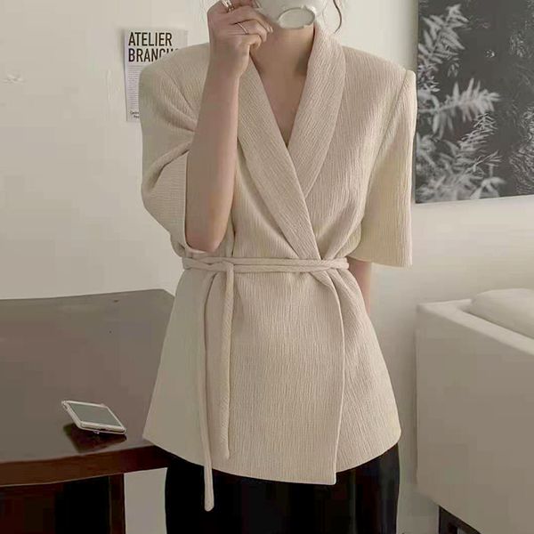 

women's jackets female half sleeve casual summer mujer jacket turn down collar belt slim waist tailored coat solid office suit wom, Black;brown