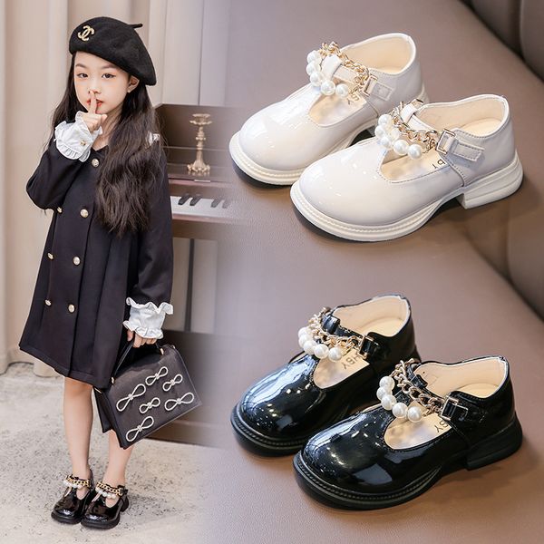 

70% off factory online 2021 autumn new single shoes pearl princess shoes girls chain fashion mary jane bright leather children's, Black