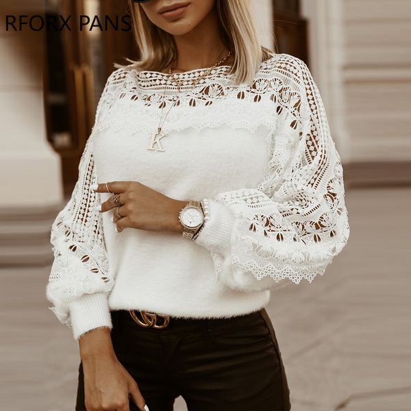 

solid guipure lace lantern sleeve sweater long sleeve sweater women top, Black