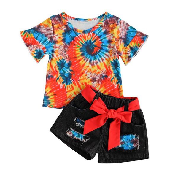 

kid baby girls summer outfits tie dye print short sleeve +belted shorts 2pcs clothes set 1-6y, White