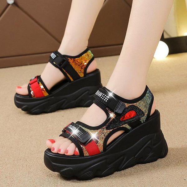 

sandals lucyever mix color sequins wedges women mesh hook loop chunky platform sandalias mujer summer non-slip, Black
