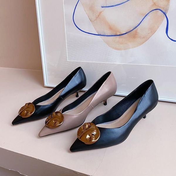 

dress shoes mljuese 2021 women pumps cow leather autumn spring pointed toe thin heel metal decoration high heels party size 40, Black