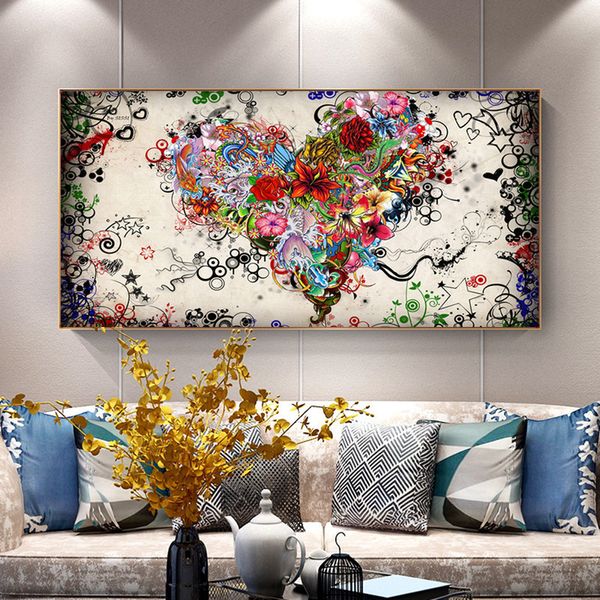 Lona moderna amor pintura abstrato colorido coração flores Pôsteres Impressões Wall Art Imagem para sala de estar casa