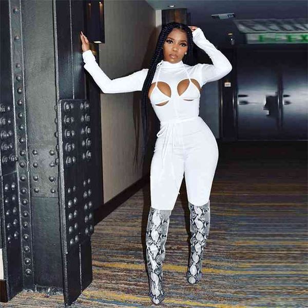 

bandage hollow out long sleeve skinny rompers womens jumpsuit fashion sporty workout active wear white autumn jumpsuits, Black;white