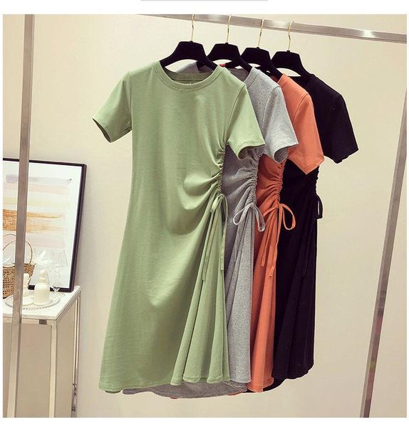 

casual dresses women o-neck summer short sleeved shirring, Black;gray