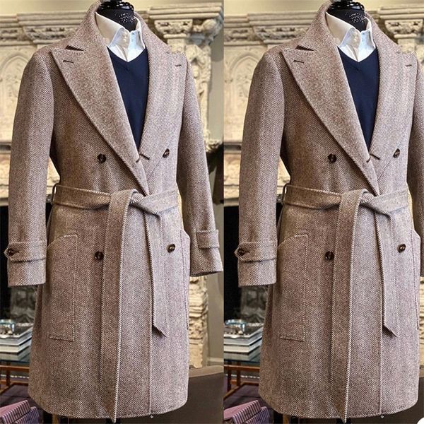 

men suits with belt wool custom made men suits handsome double breasted tuxedos peaked lapel blazer foamal business long coat, Black;gray