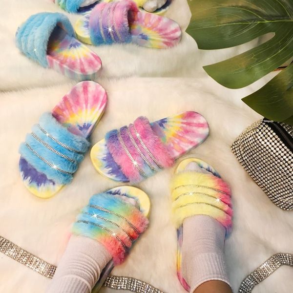 

women plus size slippers 2021 fall summer shoes gradient fur convenient sandals flat shoe flip flops outdoors rhinestone scuffs comfortable, Black