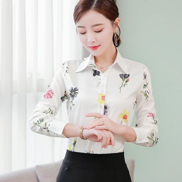 

korean women shirts chiffon women blouses elegant office lady print shirt plus size mujer de moda woman long sleeve shirt, White