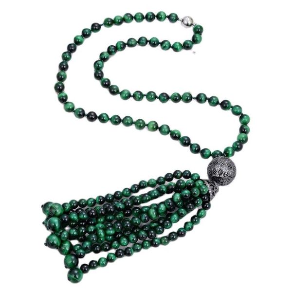 

pendant necklaces jk natural green tiger eye gems stone gunmetal cz paved ball necklace for women, Silver