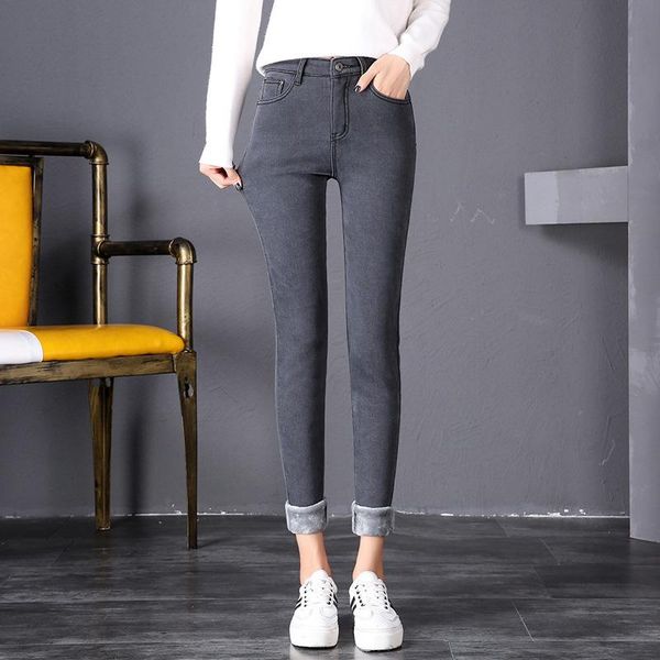 

women's jeans winter plush female high waist thickened warm elastic thin outer wear small leg pants cashmere, Blue