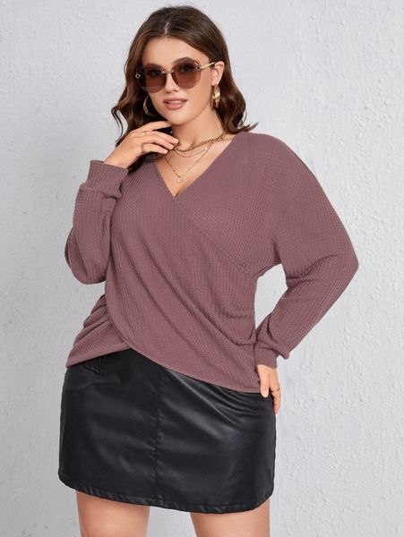 

plus cross wrap drop shoulder waffle knit tee j8ei#, Black