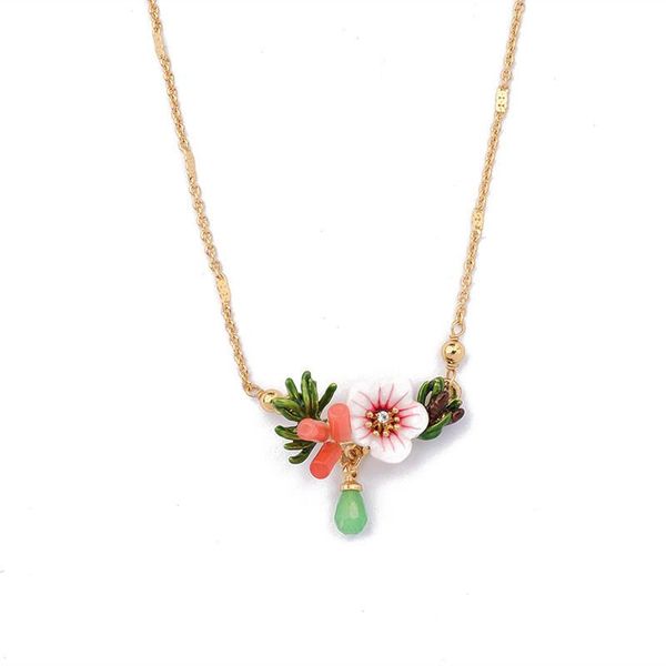 

fashion simple pink enamel glaze flower zircon water drop short necklace clavicle chain jewelry for woman trend, Silver