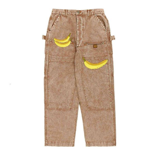 

men's jeans autumn and winter fashion brand banana embroidery casual loose multi pocket overalls denim pants 3z11, Blue