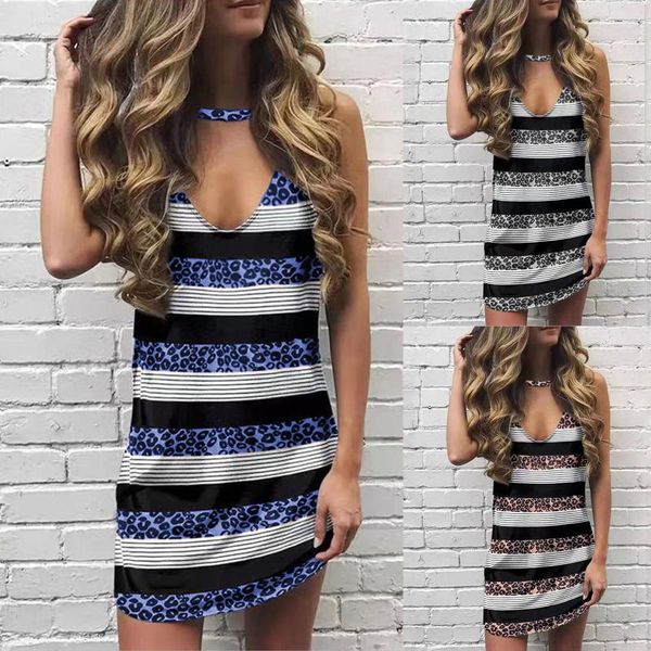 

casual dresses fashion leopard stripe print dress women's summer clothing sleeveless v neckline elegant female vestido de mujer, Black;gray