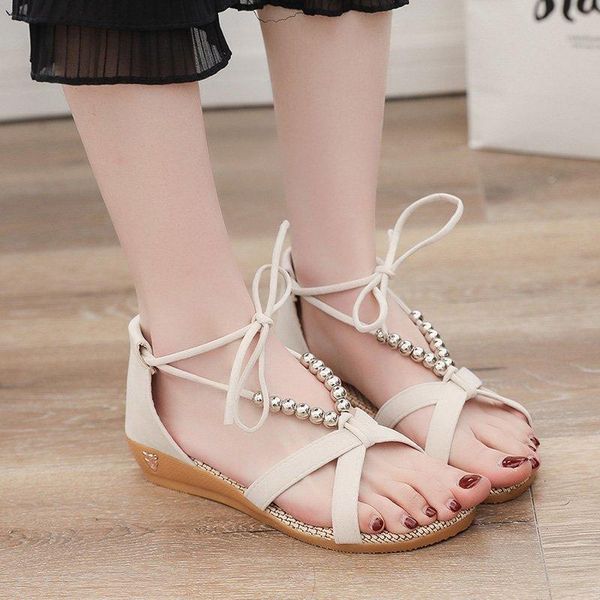 

sandals summer girl peep-toe flat strap beaded strung, Black