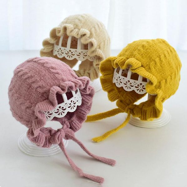 

caps & hats infant hat winter girl baby hooded autumn and ear protection warm woolen lace girls knitted, Yellow
