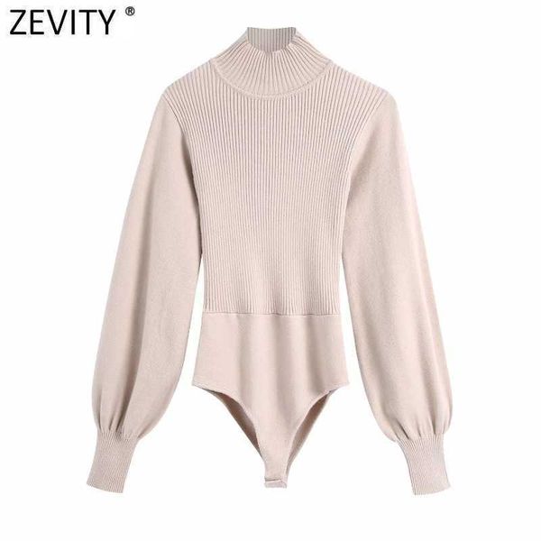 Zevity Donne TurtrleNeck Lantern Sleeve Knotting Slim Bodysuits Femmina Chic Patchwork Playsuits Sexy Pagliaccetto senza schienale LS7600 210603