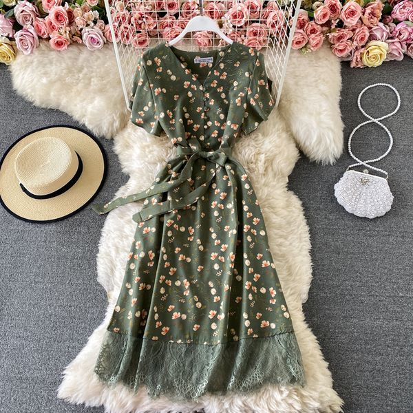 

summer women floral printed lace patchwork midi vintage v-neck short sleeve high waist chiffon vestidos female 2021 ziqo, Black;gray