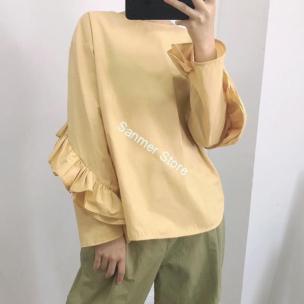 

2021 new duas cores camisa de manga longa feminina babados o-pescoo algodo simples feminino causal roupas senhora blusa nova 3sat, Black