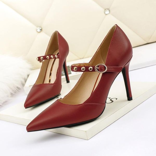 

dress shoes high heels women rivet pointed toe pumps belt buckle sandals leather pu slides fashion stilettos zapatos de mujer, Black