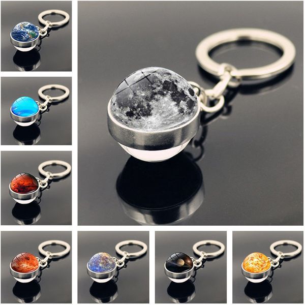 

solar system planet keyring galaxy nebula space keychains moon earth sun mars art picture double side glass ball key chains, Silver