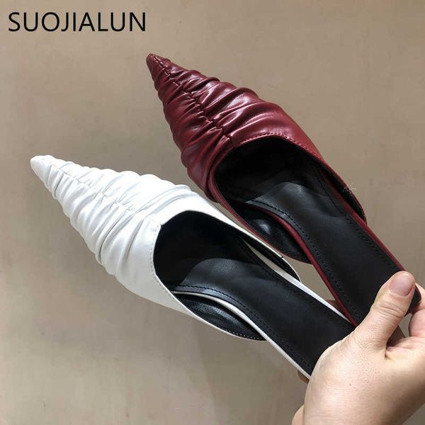 

suojialun fashion brand women slipper pointed toe slip on mules thin low heel slides shoes pleated design sandal flip flops 210630, Black
