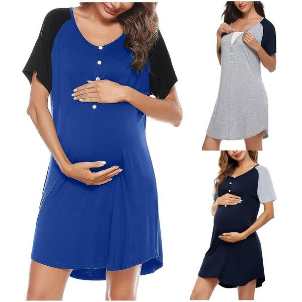 

maternity dresses summer patchwork women's short sleeve o-neck nursing nightdress breastfeeding dress pregnancy cloth, White