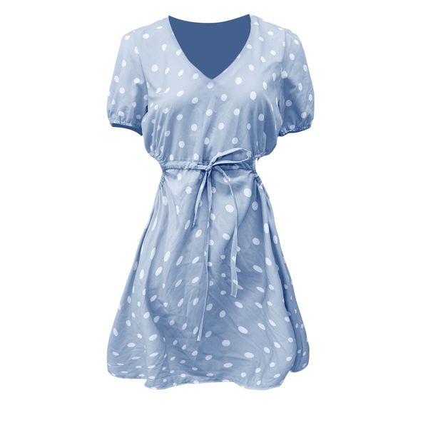 

fashion women dress ladies summer dot print v-neck hollow waist short sleeves dress mini dress beach vestidos sundress, Black;gray