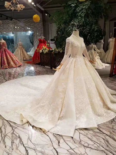 Luxo manga longa vestidos de casamento uma linha vestido nupcial 100% fotos reais lace pescoço alto muçulmano vestido
