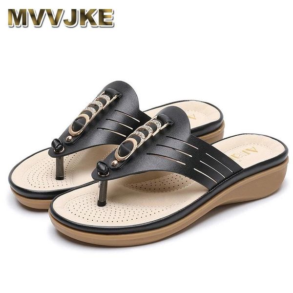 

slippers mvvjke women casual flat wedge slip summer female bohemia metal button flip flops beach shoes sandals slipper zapatos de mujer, Black