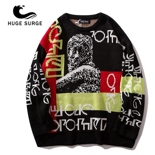 

men's sweaters sweater embroidered hiphop long sleeve couple oversize ins knitted for men high street college style, White;black