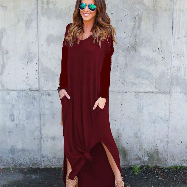

casual dresses women ankle length dress solid wine red gray black blue color irregular hem split v-neck full sleeve size s to xxl girls, Black;gray