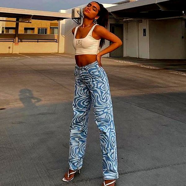

women jeans baggy vintage high taille white graffiti girlfriend hiphop y2k denim concerned split flare streetwear 2021, Blue