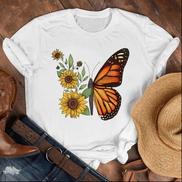 

women lady cartoon sunflower 2021 fall autumn butterfly 90s shirt clothes tshirt tee womens female print graphic t shirt, White