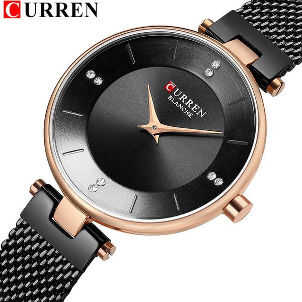 Klassische schwarze Damenuhren mit Strass Damenmode Stahlgitteruhr Curren Damenarmbanduhr Kleid Quarzuhr Geschenk Q0524