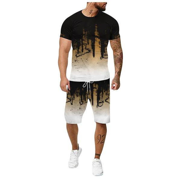 

men's tracksuits sets summer 3d gradient print large size +shorts fitness outdoor running two-piece suit sportswear ensembles homme #11, Gray