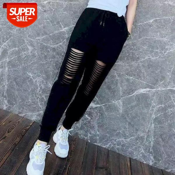 

fashion cut hole sports pants women bottom summer 2021 new casual leggings pants women elastic waist loose student harem #er3m, Black;white