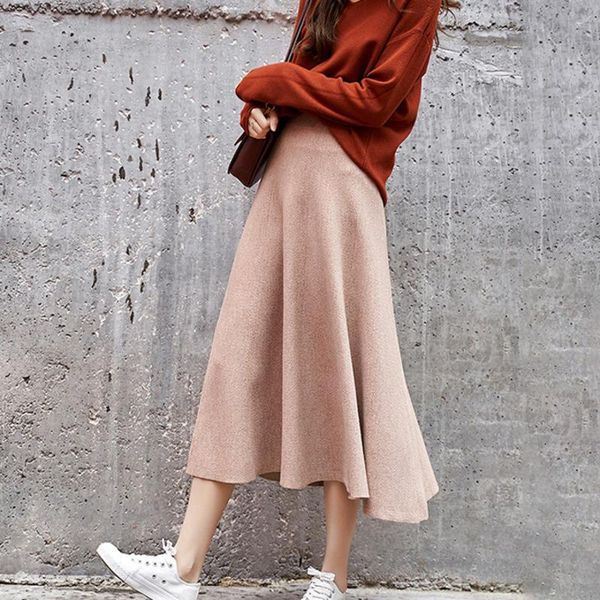 

skirts lanmrem 2021 high waist a-line knitting spring and autumn street fashion elastic halfbody skirt wk33301, Black