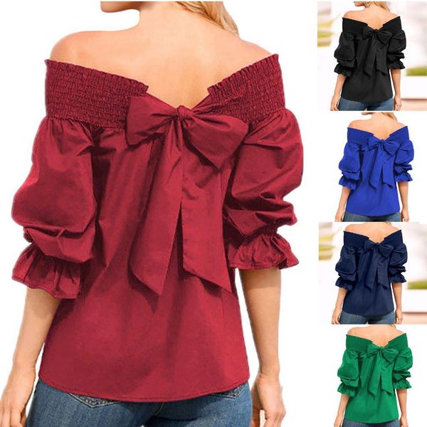 

women blouses plus size elegant off shoulder shirt bow women ladies puff sleeve bow bandage blouse chemise ropa femenina, White