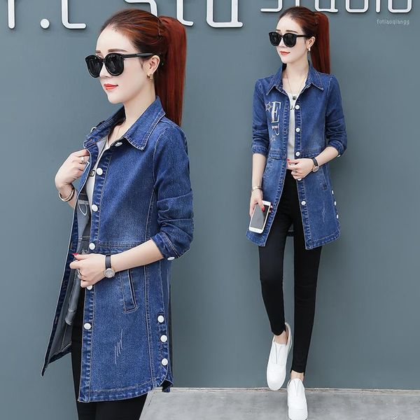 

women's jackets denim jacket female spring long section embroidery lapels sleeve shirt 2021 autumn fashion casual 4xl p890, Black;brown