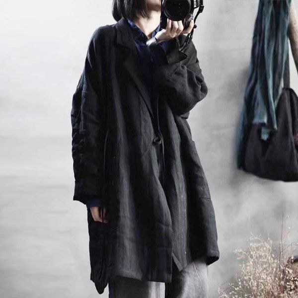 

qpfjqd 2021 autumn winter cotton linen plus size lace up coats turn down collar long sleeve women vintage windbreaker, Tan;black