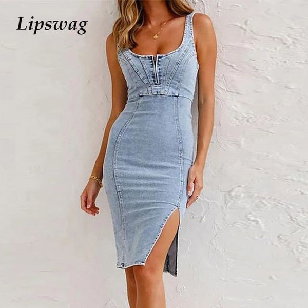 

women zipper square collar jean dress sleeveless slim bodycon denim dress fashion elegant ladies split party dress vestidoshigh quality, Black;gray