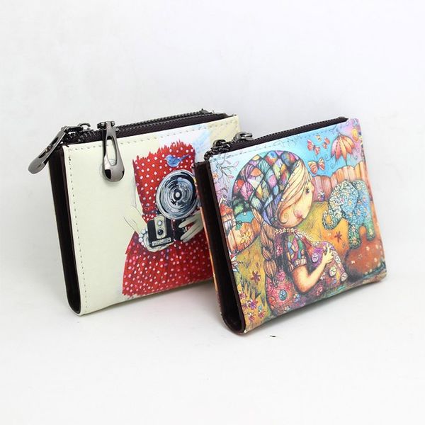 

new brand designer creative painting wallet for girl short zipper coin purse fancy pu leather wallets small handy bag lady, Red;black