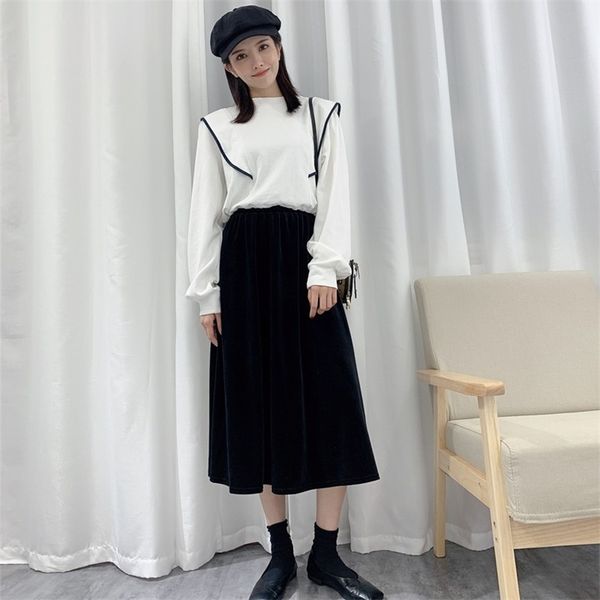 

autumn & winter simple solid color velvet high waist stretch women a-line black casual all-match skirt 210527