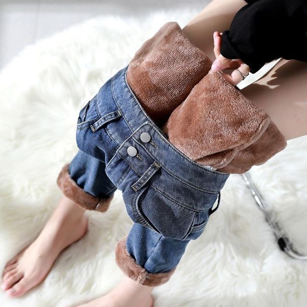 

women's jeans streetwear warm winter velvet woman korean fashion harem elastic high waist pants student baggy casual blue denim