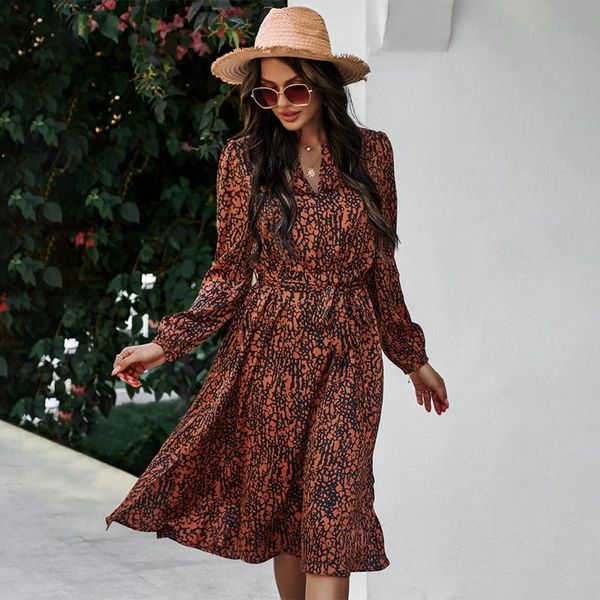 

casual dresses jastie 2021 spring retro print women dress v-neck long sleeve high waist with belt elegant office lady vestido de mujer, Black;gray