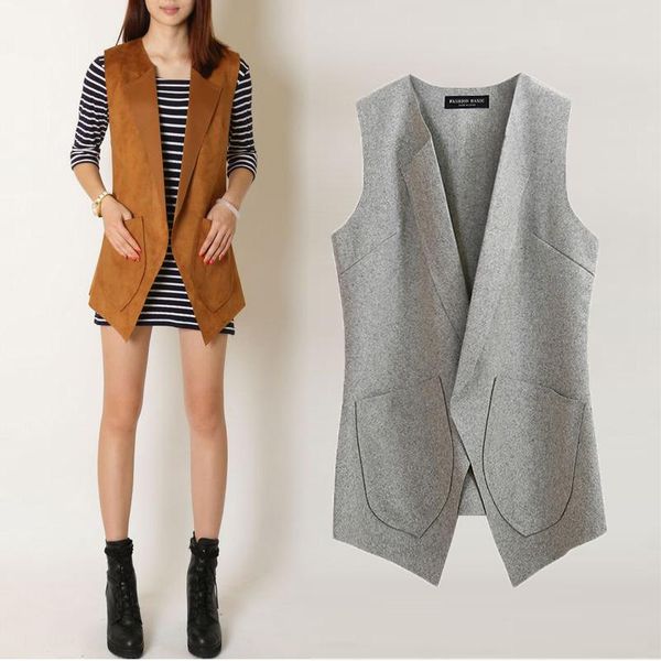 

v neck solid color new fashion spring autumn korean style wool long vest women's sleeveless jacket coat waistcoat casual clothes, Black;white